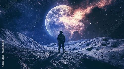 A lone figure stands on a desolate landscape, gazing at a giant moon in a starry night sky.