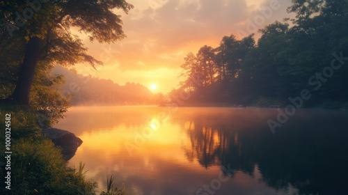 Serene Sunrise over Foggy Lake with Silhouetted Trees