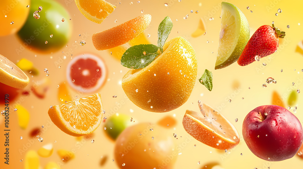 Fresh fruits in the air, isolated on colourful background. food levitation or zero gravity concept. Zero Gravity. Illustration Fresh fruits in the air, isolated on colourful background. food levitation or zero gravity concept. Zero Gravity. Illustration