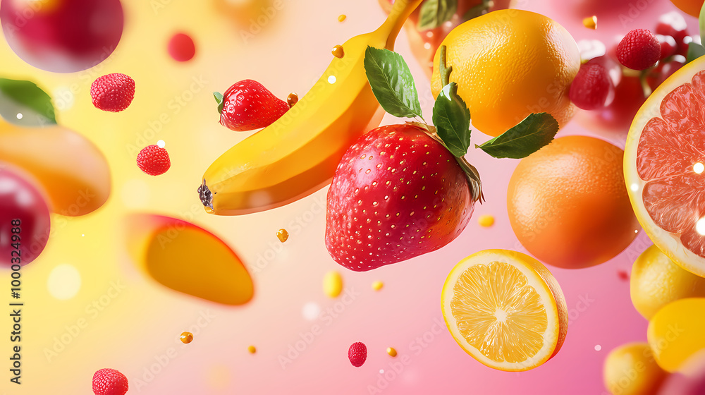Fresh fruits in the air, isolated on colourful background. food levitation or zero gravity concept. Zero Gravity. Illustration Fresh fruits in the air, isolated on colourful background. food levitation or zero gravity concept. Zero Gravity. Illustration