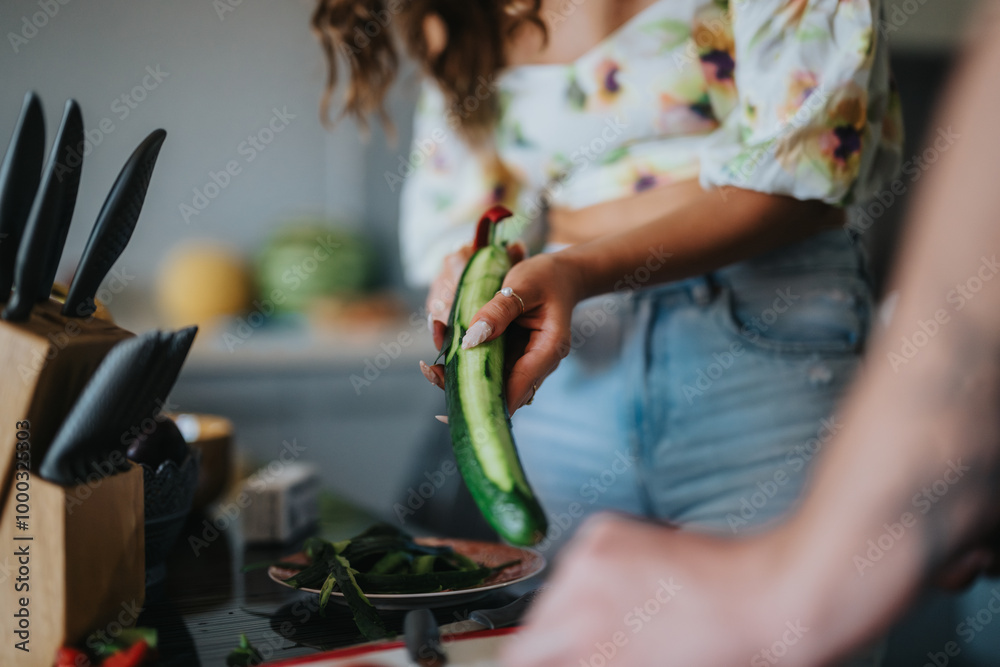 A woman holding a cucumber, preparing a fresh salad in a modern kitchen. Emphasizes healthy eating, home cooking, and culinary creativity. Perfect for lifestyle and food-related concepts. A woman holding a cucumber, preparing a fresh salad in a modern kitchen. Emphasizes healthy eating, home cooking, and culinary creativity. Perfect for lifestyle and food-related concepts.