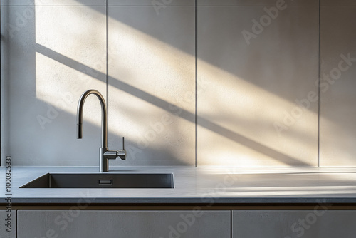 A close-up shot of the kitchen wall, featuring light beige cabinets and an integrated sink with a silver faucet, showcasing minimalistic design elements.