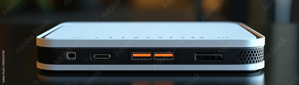 A sleek and modern device showcasing ports and connectivity options on a dark reflective surface.