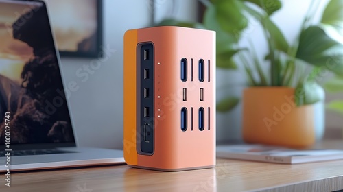 Modern power hub on desk, perfect for tech enthusiasts seeking stylish organization and efficient charging solutions. photo