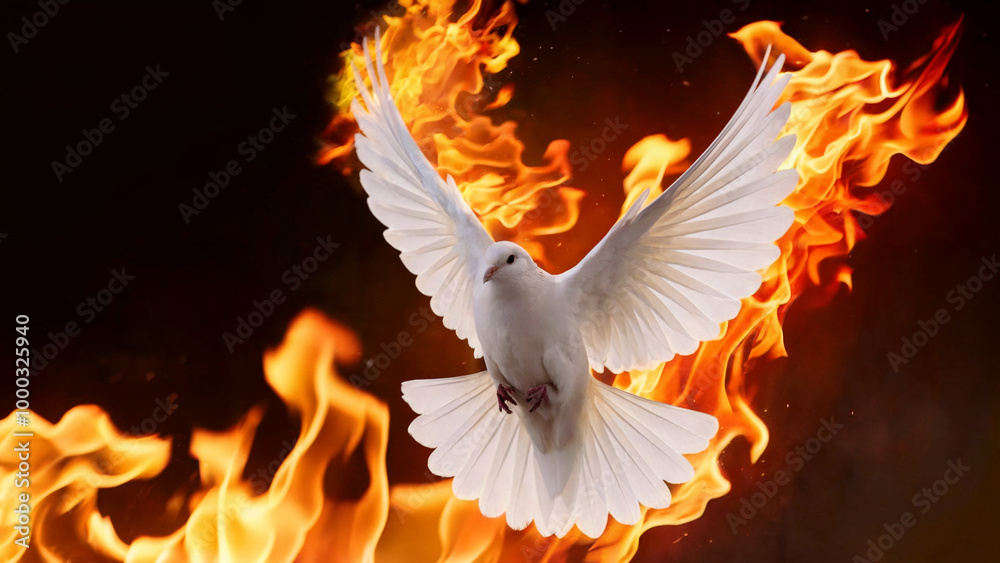 Fototapeta premium A white dove in mid-flight, its wings fully spread out. The dove is surrounded by vibrant flames, creating a striking contrast between the serene bird and the intense fire. 