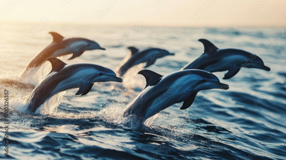 Fototapeta premium A pod of dolphins leaping out of the water at sunset