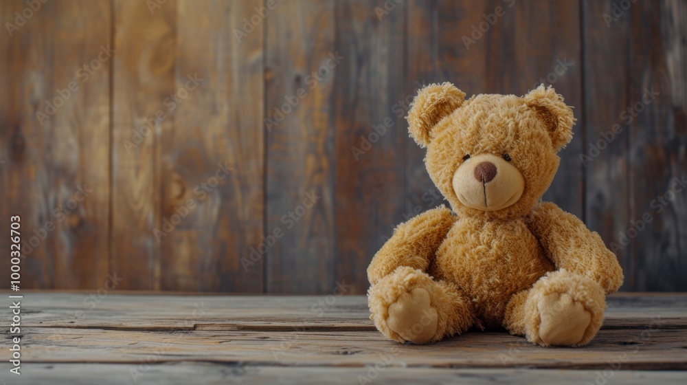 Obraz premium Adorable Teddy Bear Sitting on Wooden Background
