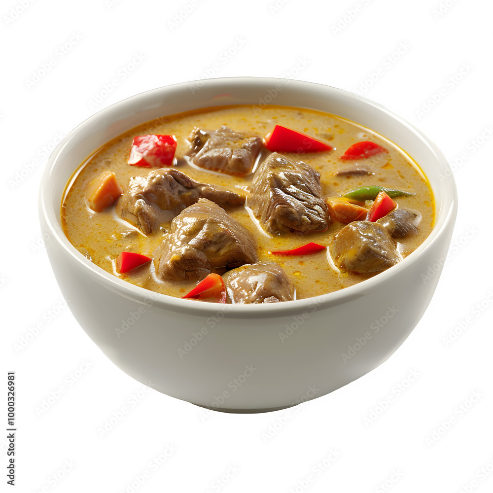 Bowl of tasty beef curry with meat chunks and red peppers, great for food projects and cooking displays Bowl of tasty beef curry with meat chunks and red peppers, great for food projects and cooking displays