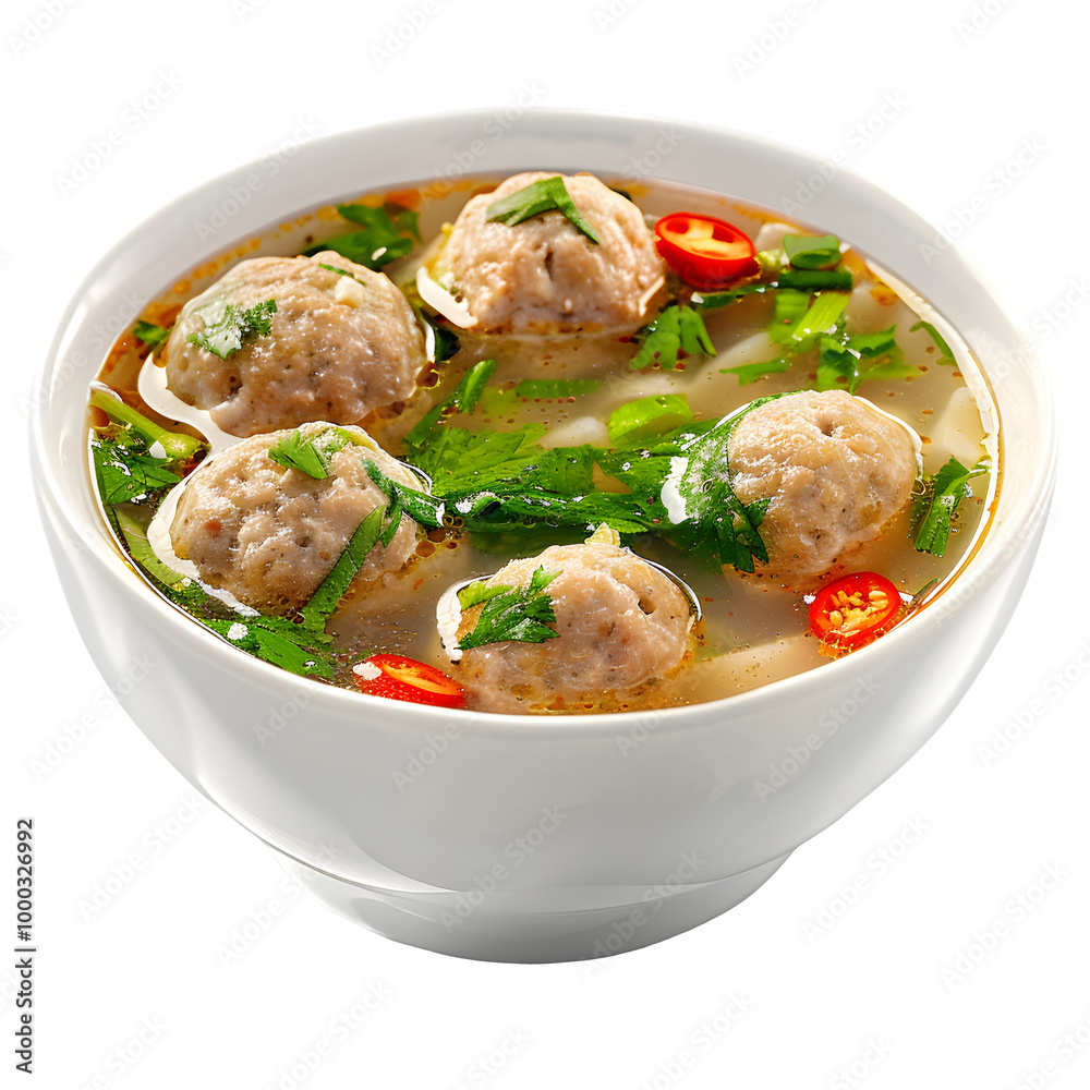 Hot bowl of meatball soup topped with herbs and spicy red chilies, making it a delicious and satisfying dish Hot bowl of meatball soup topped with herbs and spicy red chilies, making it a delicious and satisfying dish