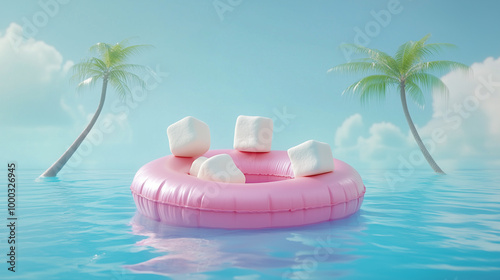 Pink marshmallows floating on a donut in tropical water