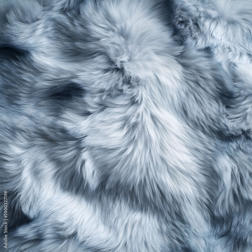 Abstract close-up of faux grey fur texture, highlighting its soft, plush fibers and intricate patterns in a vibrant color palette.
