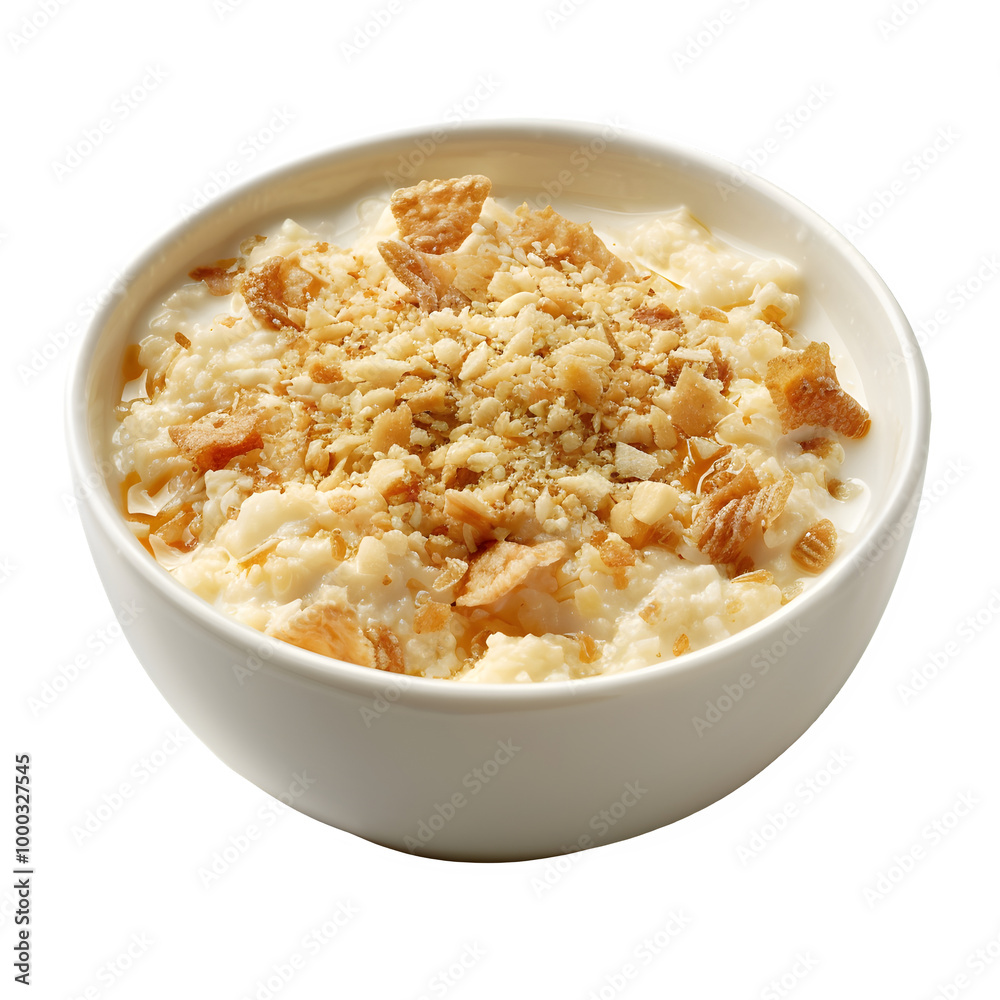 Bowl of creamy rice pudding topped with crushed nuts and cornflakes, showcasing a delightful and comforting dessert Bowl of creamy rice pudding topped with crushed nuts and cornflakes, showcasing a delightful and comforting dessert