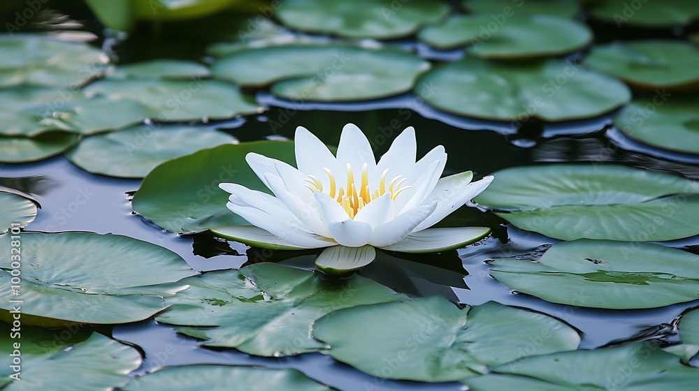 A single white water lily with yellow center blooms in a pond surrounded by lily pads. A single white water lily with yellow center blooms in a pond surrounded by lily pads.