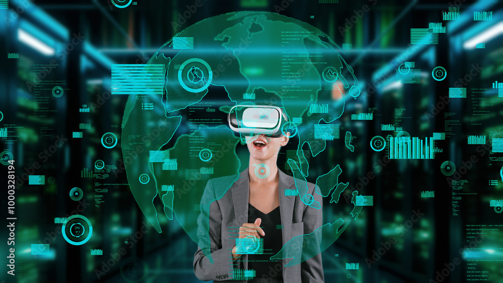 Businesswoman user making zoom with big data dynamic world market graph monitor by VR future global innovation interface digital infographic network technology visual hologram animation. Contraption. Businesswoman user making zoom with big data dynamic world market graph monitor by VR future global innovation interface digital infographic network technology visual hologram animation. Contraption.