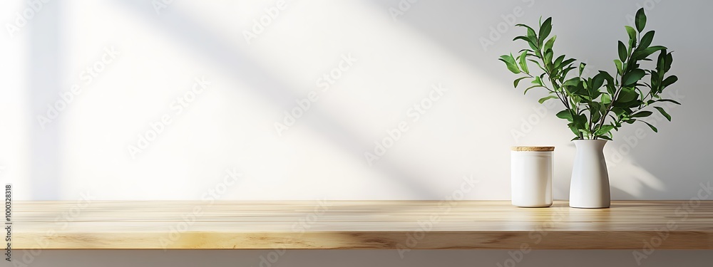 Kitchen wooden countertop on white wall background. Minimalistic room with tabletop and plant in vase for product presentation. Clean closeup mockup