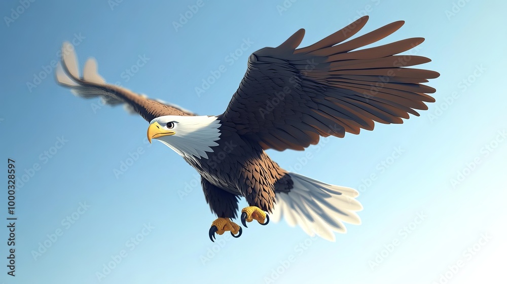 Obraz premium Soaring Through the Skies: A Vibrant Cartoon Representation of a Bald Eagle as a Fierce and Playful Predator, Embodying Strength and Freedom in a Dynamic 3D Vector Illustration