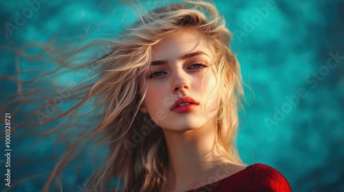 Close-up portrait of a woman with blonde hair blowing in the wind