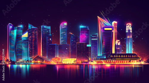 Futuristic singapore skyline with glowing smart city technology vector illustration. Neon Skyline. Illustration