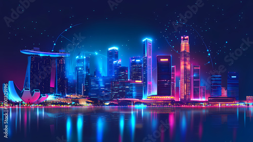 Futuristic singapore skyline with glowing smart city technology vector illustration. Neon Skyline. Illustration