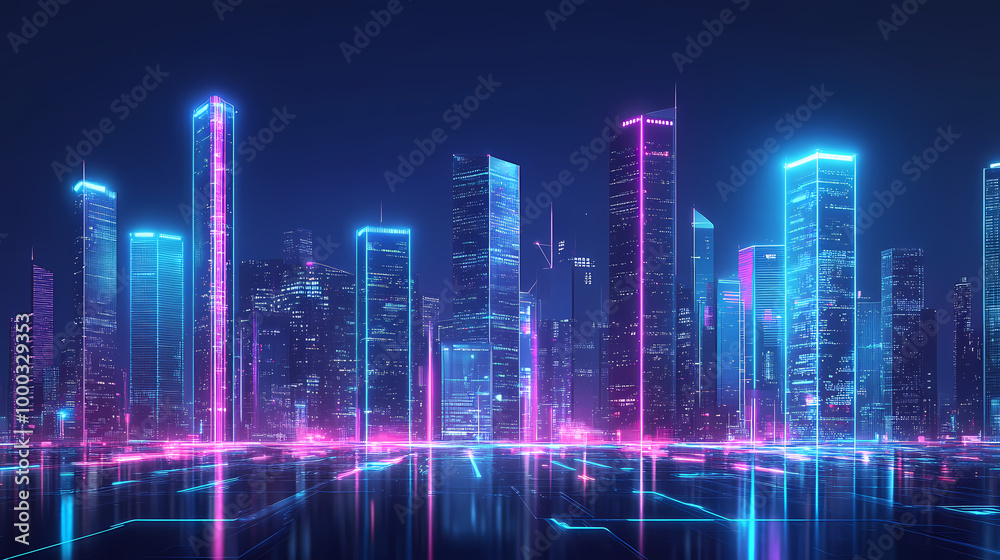Futuristic skyline at night, aglow with neon and sleek designs, showcasing tech progress. Neon Skyline. Illustration Futuristic skyline at night, aglow with neon and sleek designs, showcasing tech progress. Neon Skyline. Illustration