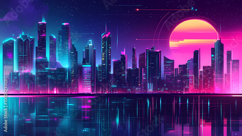 Futuristic skyline at night, aglow with neon and sleek designs, showcasing tech progress. Neon Skyline. Illustration