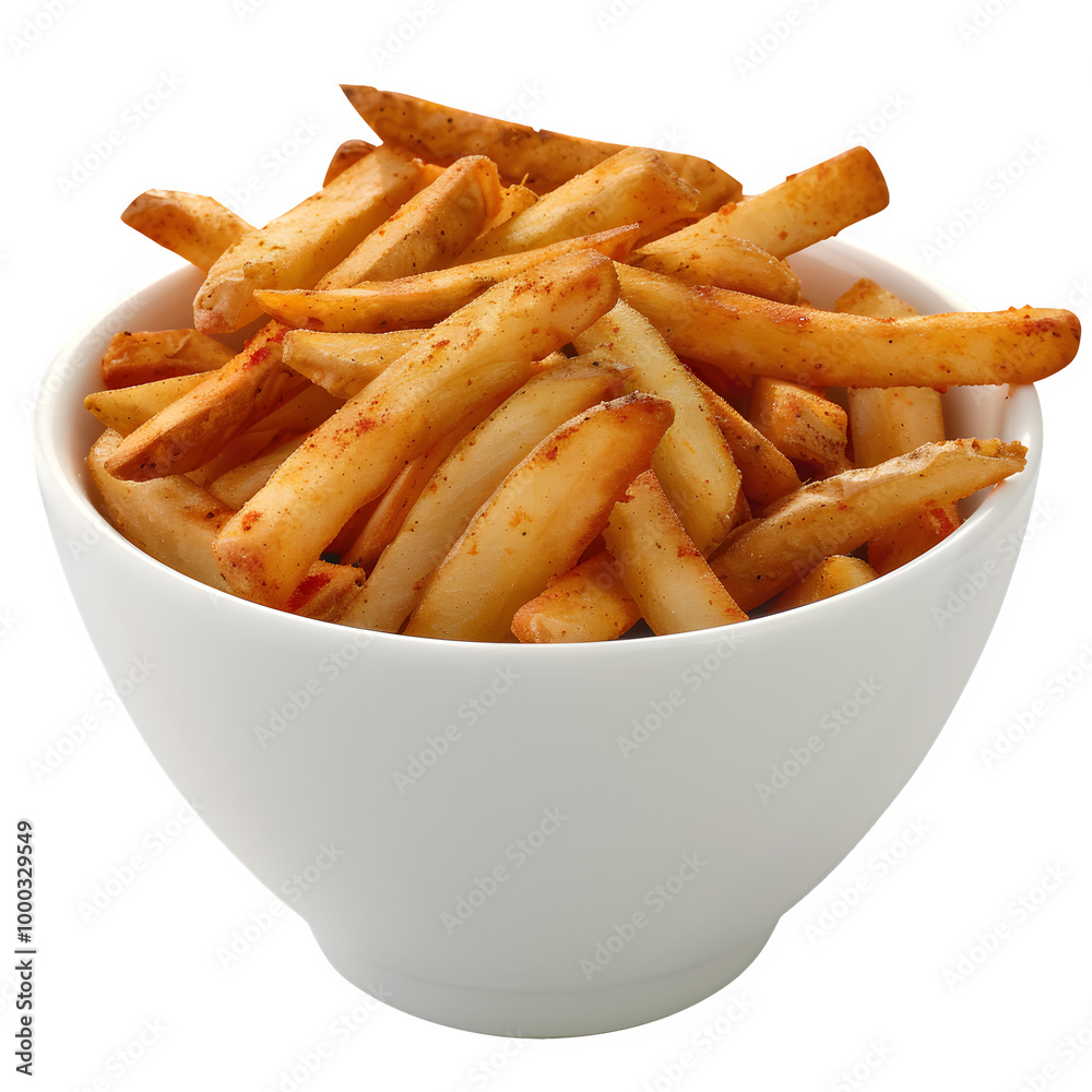 Clear bowl holding delicious golden french fries, seasoned with spices, set against a see-through background. Ideal for food-themed projects and ads Clear bowl holding delicious golden french fries, seasoned with spices, set against a see-through background. Ideal for food-themed projects and ads