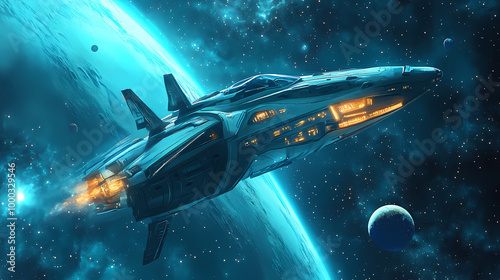 Wallpaper Mural Futuristic spaceship flying through deep space with planets. Deep Space Travel. Illustration Torontodigital.ca