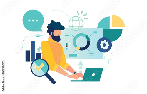 vector illustration showcasing business professional analyzing data , statistics through digital tools. Featuring charts, graphs, teamwork elements, represents innovation, productivity, strategic grow