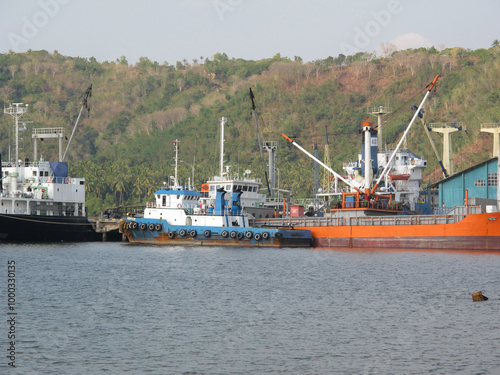 A large industrial cargo ship anchored in calm waters under a bright blue sky. The ship, with its distinct red and black hull, is equipped with towering cranes and communication masts