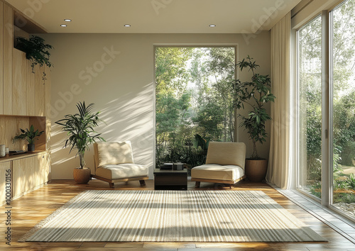 A white wall in the living room with two beige armchairs and a black coffee table, a striped carpet on the floor, wooden cabinets on one side of the window