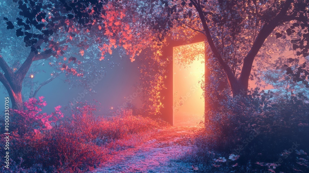 Obraz premium A Glowing Doorway Through a Misty Forest