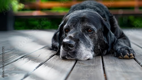 A dog sleeping in a patch of sunlight on a wooden deck. lying comfortably on a wooden porch soaking up the warm sunlight and enjoying a peaceful and relaxing moment of rest in a tranquil outdoor