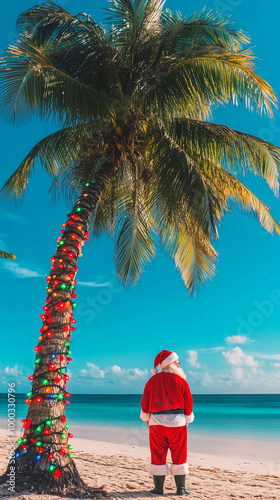 Santa admiring a decorated palm tree by the tropical beach
