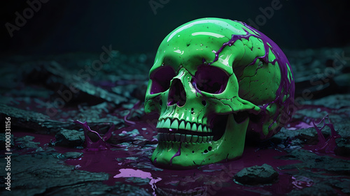 A radiantly decomposing neon green skull, adorned with viscous purple slime oozing from its hollow sockets. Despite its decay, the skull retains a vivid, almost otherworldly glow. This haunting image  photo