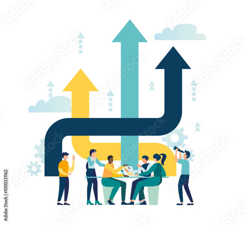 Business decision making, team works on project and decides which way to go makes choice in development of idea. arrows up as graphs of growth and success of company. vector illustration
