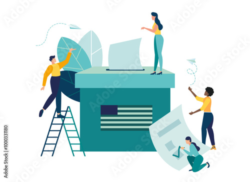 election campaign, group of voters in queue at polling station vote make decision and put paper ballot in ballot box. democracy government people's choice. vector flat illustration fair elections