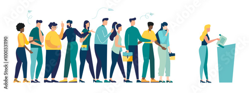 election campaign, group of voters in queue at polling station vote make decision and put paper ballot in ballot box. democracy government people's choice. vector flat illustration fair elections