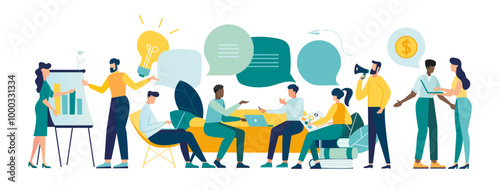 workshop talk workers people are sitting at negotiating table, vector collective thinking and brainstorming, company information analytics Vector illustration group of people Discussion speech bubbles