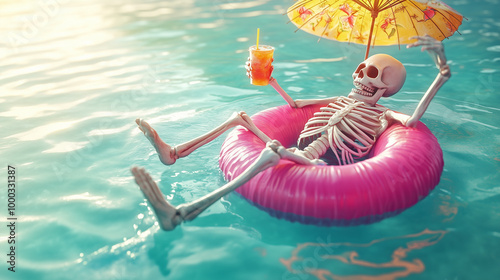 Skeleton floating on a donut floaty with a drink