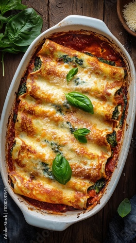 Vertical format, Deliciously baked spinach and ricotta cannelloni topped with melted cheese garnished with fresh basil on a wooden table
