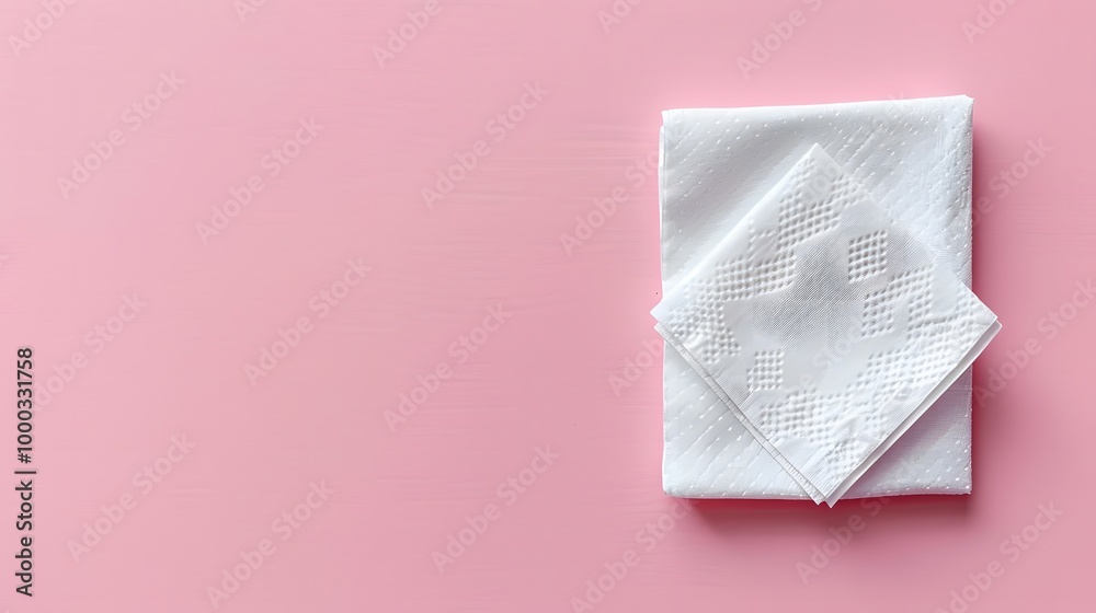 White napkins stacked on pink background. Minimalist and clean flat lay composition. Table setting and dining concept. Design for banner, marketing, background, and print with copy space. White napkins stacked on pink background. Minimalist and clean flat lay composition. Table setting and dining concept. Design for banner, marketing, background, and print with copy space.