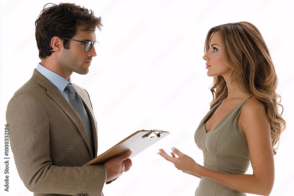 Collaboration in the Office - Businessman and Businesswoman Discussing Ideas on White Background Collaboration in the Office - Businessman and Businesswoman Discussing Ideas on White Background