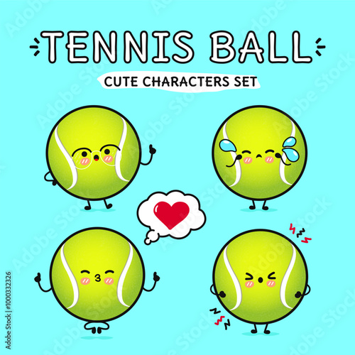 Funny cute happy Tennis ball characters bundle set. Vector hand drawn doodle style cartoon character illustration icon design. Isolated on blue background. Tennis ball mascot character collection