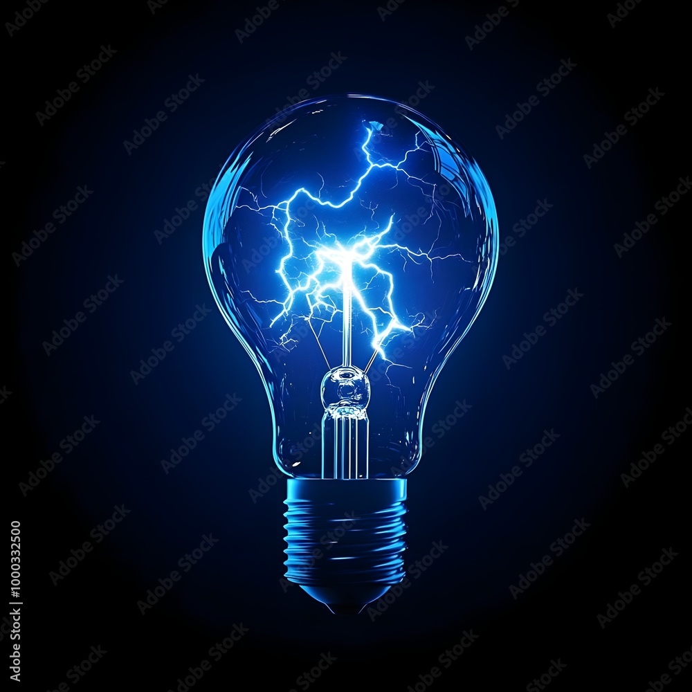 Blue light bulb illuminated by a lightning strike, showcasing static electricity and the energy of technological innovation. Blue light bulb illuminated by a lightning strike, showcasing static electricity and the energy of technological innovation.