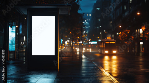 Blank White Vertical Digital Billboard Poster On City Street Bus Stop Sign At Night. Street Advertising Mockup