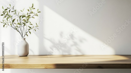 Kitchen wooden countertop on white wall background. Minimalistic room with tabletop and plant in vase for product presentation. Clean closeup mockup photo