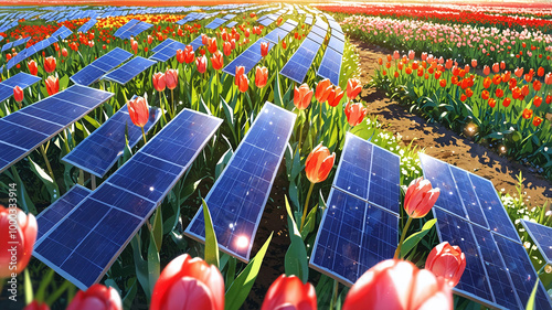 Anime Rows of solar panels standing tall in a vibrant tulip field, the flowers in full bloom photo