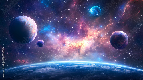 Fototapeta Naklejka Na Ścianę i Meble -  Image of planets in outer space against the background of stars and nebulae. Deep Space Travel. Illustration