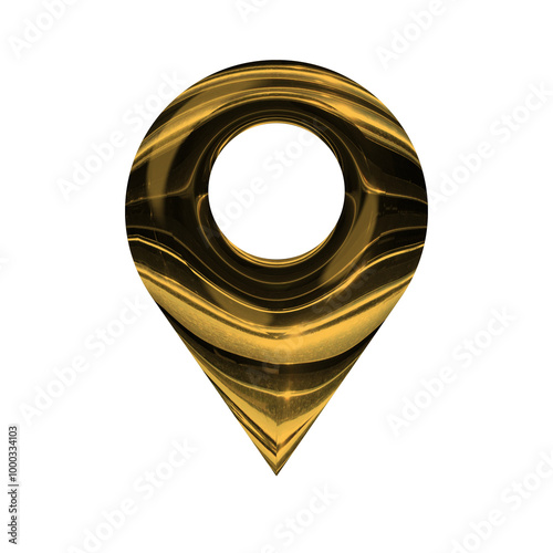 Minimal Location Pin Point Icon in 3D Chrome Metal with Shiny Golden Effect, PNG Transparent Background photo