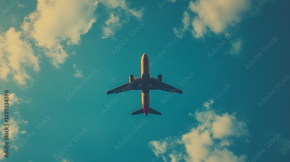 Fototapeta premium Airplane Flying Through Clouds on a Sunny Day